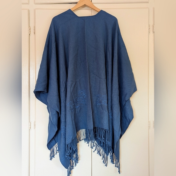 Women's Blue Sweater Shawl Poncho, Tassel Fringe Flower Embroidery Sammytex - Picture 2 of 6